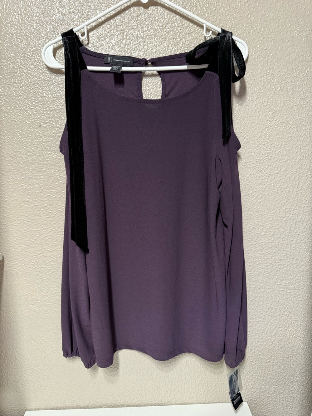 INC International Concepts Plum Cold-Shoulder Velvet Tie Blouse